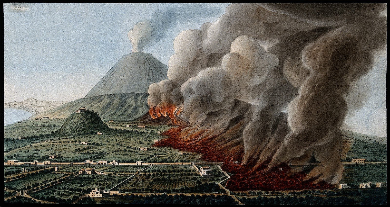 A drawing of a volcano with smoke coming out of it and lava flowing down the aspect