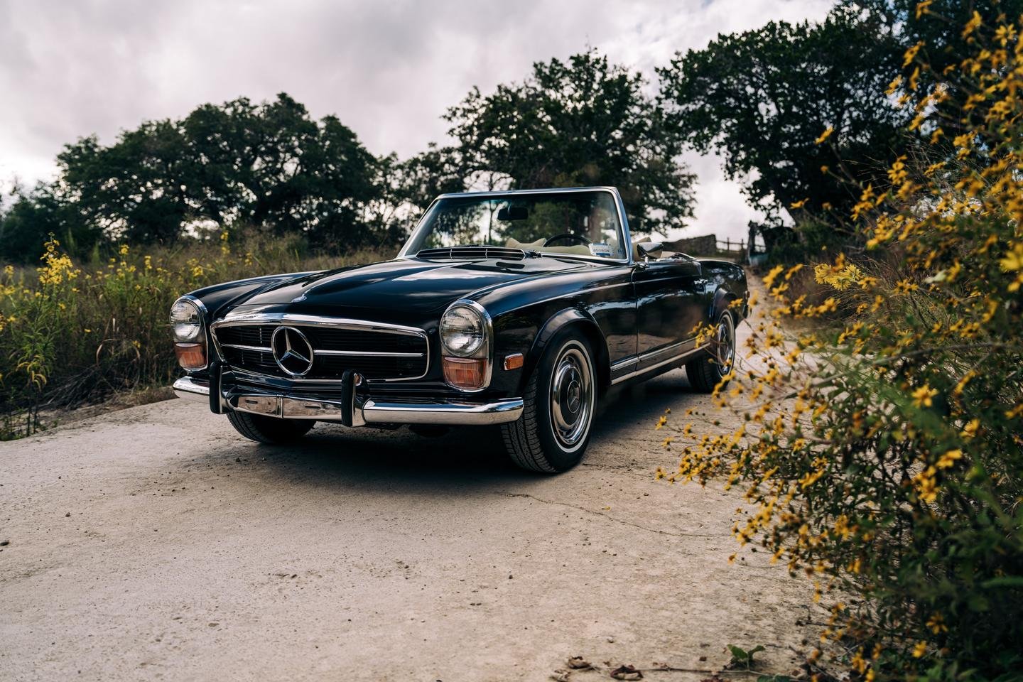 A Mercedes-Benz SL convertible, faithfully converted to electric by Moment Motors