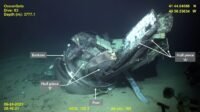 Underwater view of Titan sub wreckage, with labels