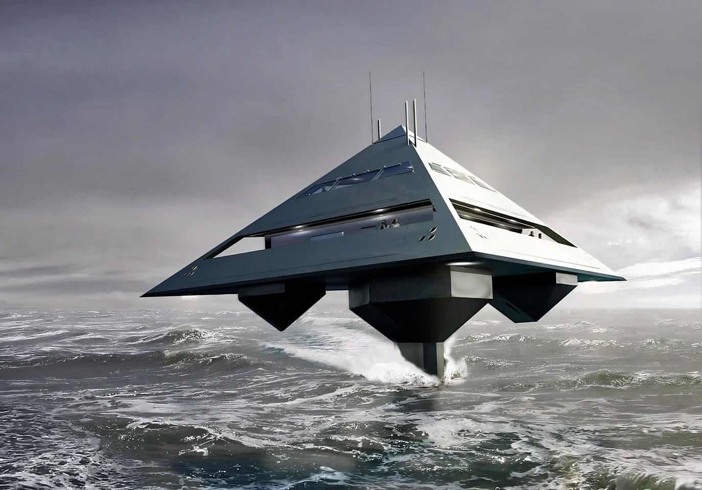 The Tetrahedron concept drawing, cruising at a quick estimated top speed of 38 knots, looks more menacing than it does like a fun yacht