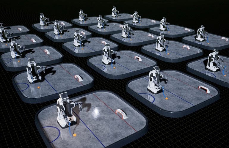 Multiple robots being trained in simulation using NVIDIA Isaac.