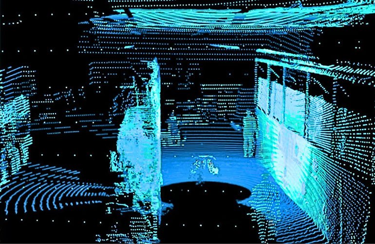 A blue and white lidar scan of a room as part of Cyngn autonomy technology. 