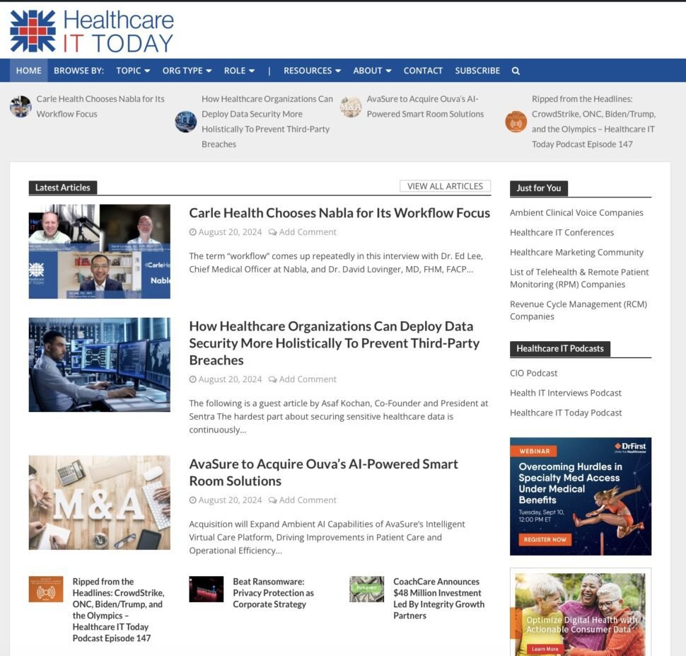 A home page that displays headlines, dates, and article summaries amid pictures and other columns of text.