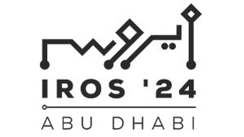 Logo for IROS 2024 robotics conference, featuring a line drawing of electrical devices and the words IROS 24 and Abu Dhabi.