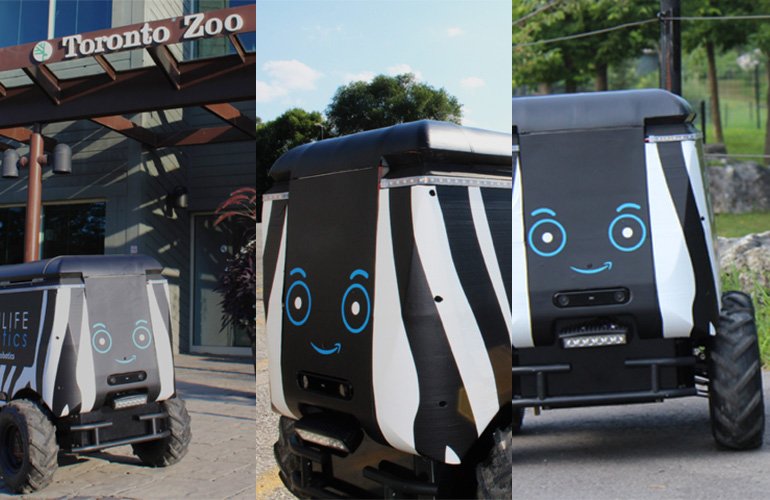 snippets of three different shot of the Real life robotics mobile delivery robot.