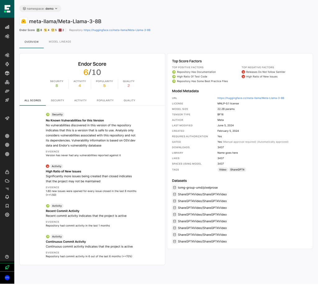 Screenshot of Endor Labs' tool for scoring AI models.