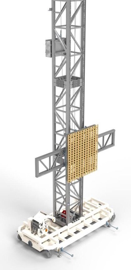 Fully constructed, the solar simulator tower reaches three stories. Here, the pantographic morphing array is show in its six-by-six-foot configuration.