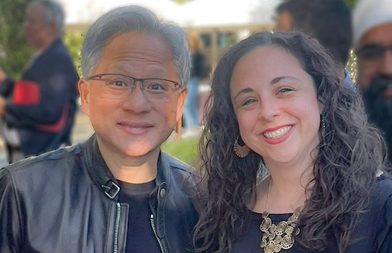 NVIDIA CEO Jensen Huang with Pittsburgh Robotics Network Director Jennifer Apicella.