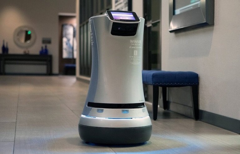 A Relay indoor robot makes a hotel delivery.