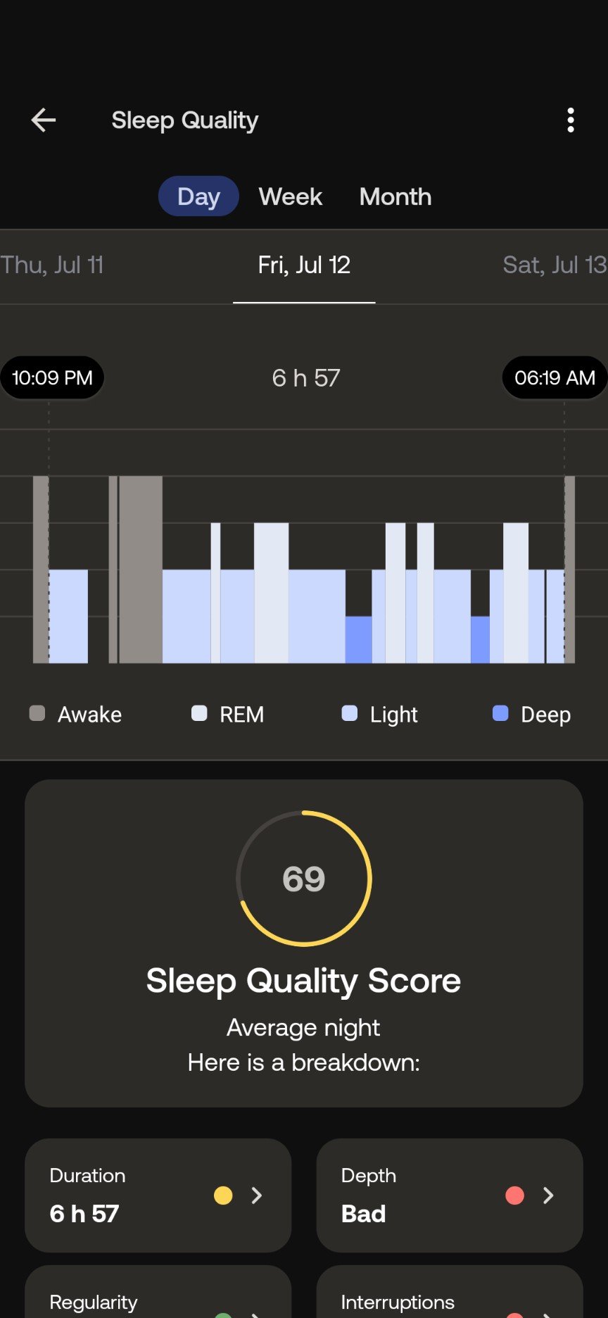 Screenshot of a snooze tracking app displaying a 6 hours and 57 minutes sleep duration with various sleep phases and a Sleep Quality Discover of 69. Moderate evening breakdown contains unsleeping, REM, mild, and deep sleep phases.