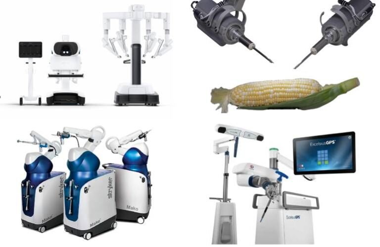 The Intuitive da Vinci 5 (top left), Sony microsurgery assistance robot (top right), Stryker Mako (bottom left) and Globus Medical ExcelsiusGPS (bottom right) all featured in the top surgical robotics stories of 2024 so far. 