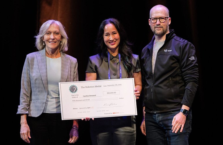 From left to right: Joyce Sidopoulos, co-founder at MassRobotics, Cynthia Breazeal, a professor of media arts and sciences at MIT, and Ingmar Posner, a professor of engineering science at Oxford.