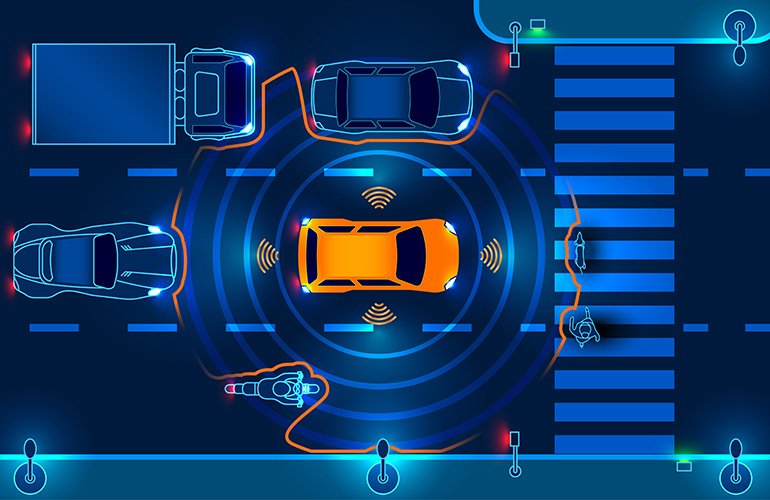 An illustration of a bird's eye view of a street. In the middle lane is a yellow car with lines indicating sensors all around it. 