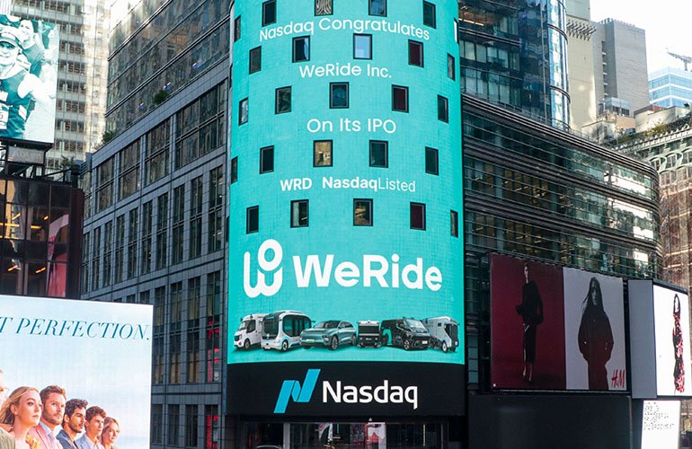 A WeRide advertisement on the Nasdaq building in New York City. 