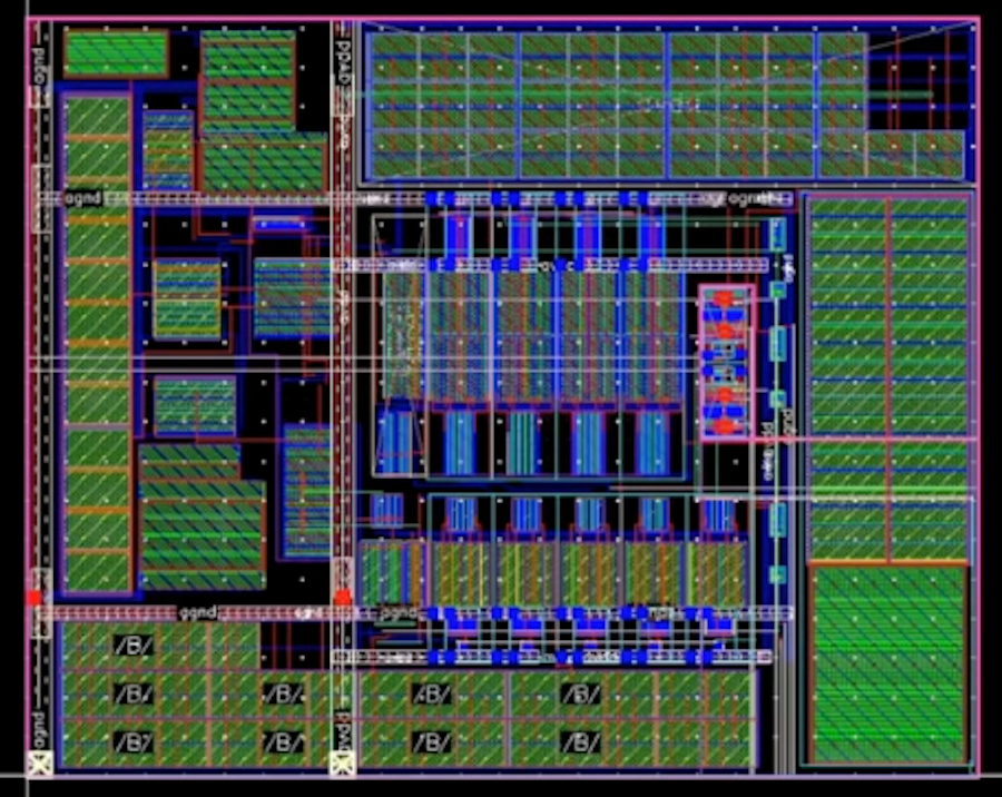 A detailed layout of an electronic circuit originate with loads of interconnected substances, displayed in a grid pattern with blue, inexperienced, and red sides.