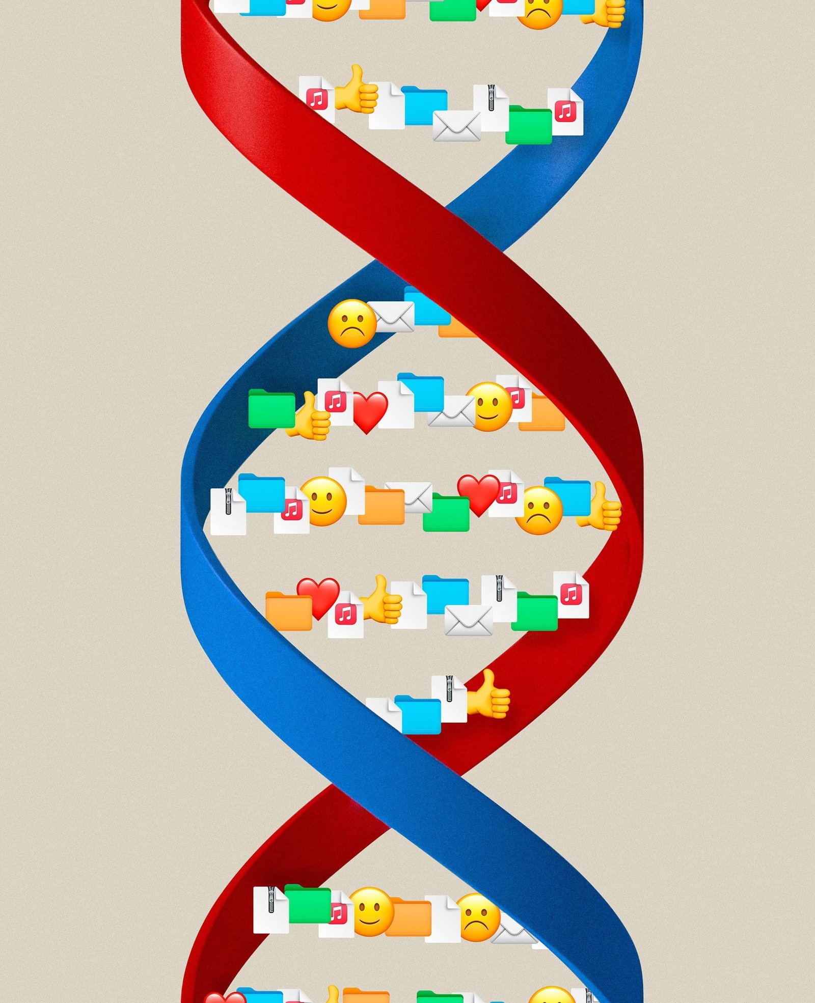 An illustration of intersecting bands of red and blue with rows of emojis in between.