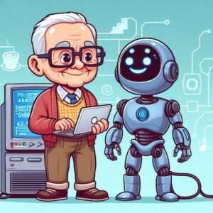 a cartoon of a computer scientist standing next to a humanoid robotic