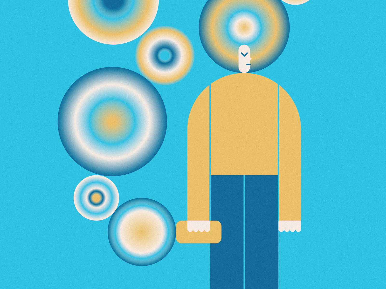 Illustration of a person holding a phone, with many bubbles floating around them.