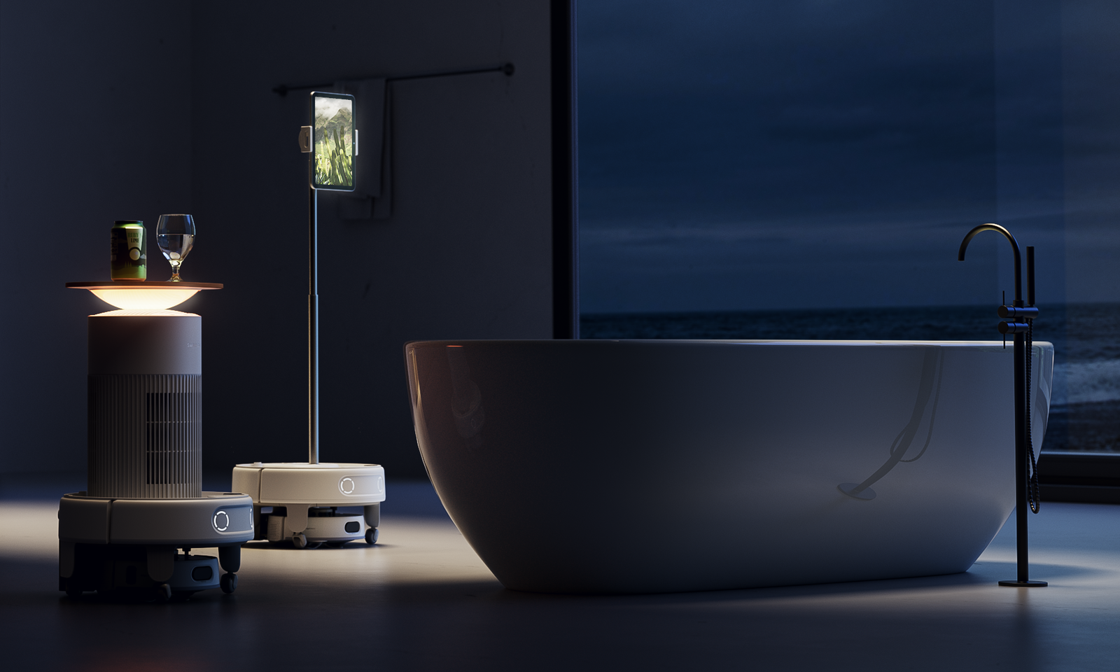 A concept image showing two robots, one carrying a tablet and one carrying drinks, approaching a bathtub.