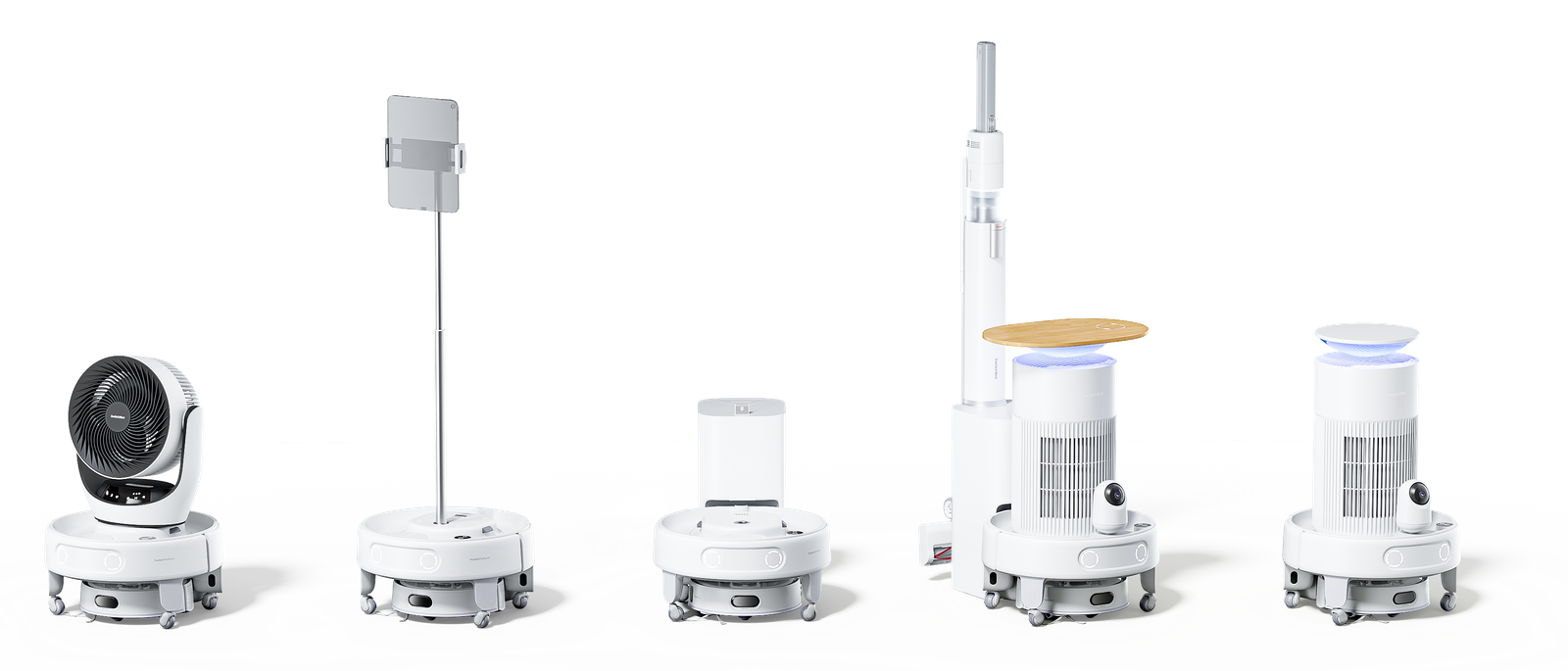 A series of images showing a small white robot vacuum underneath a wheeled platform attached to a variety of different accessories.