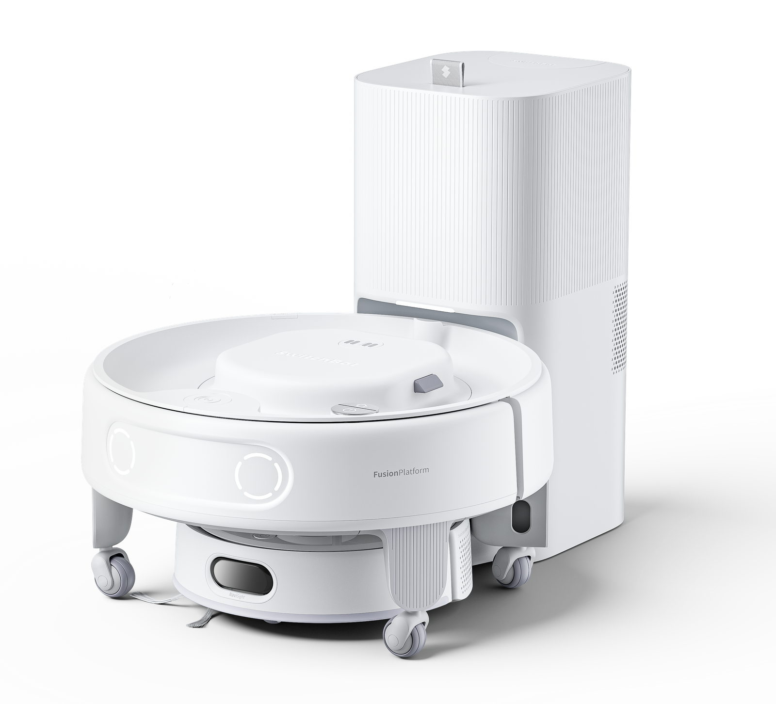 A small white robot vacuum sits underneath a wheeled platform attached to a dock.