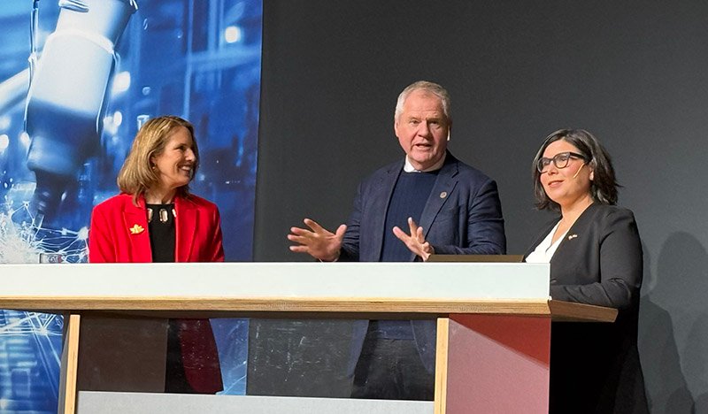 Left to right, Evelyne Coulombe, Chargée d’affaires, Embassy of Canada to Germany; Jayson Myers, CEO, Next Generation Manufacturing Canada (NGen); Christina Bilyk, Executive Lead, Canada at Hannover Messe 2025, Government of Canada.