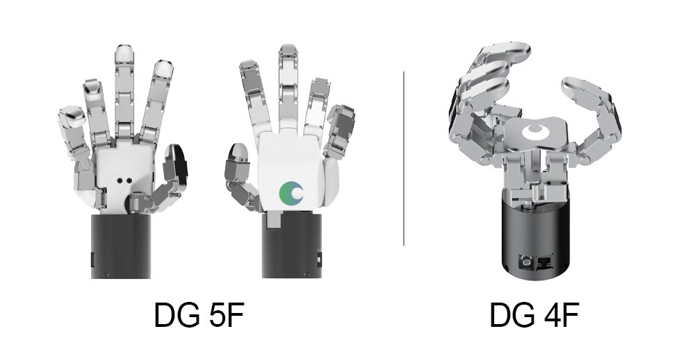 the five fingered Tesollo DG5F next to the four fingered DG4F